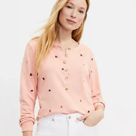 NWT LOFT Embroidered Sweet Strawberry Henley Sweatshirt Size S - Picture 1 of 8